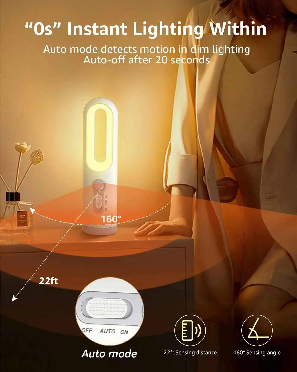 Motion Sensor Night Light Bedroom Bathroom Portable 2 in 1 Flashlight Reading Camping Lighting Baby Feeding Eye Care Bedside Lam