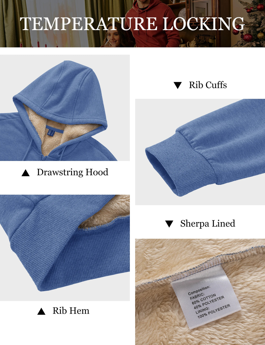 TACVASEN Men's Zip Up Hoodie Sherpa Lined Hooded Sweatshirt Winter Heavyweight Hoodies Warm Thick Fleece Jacket Casual Outwear