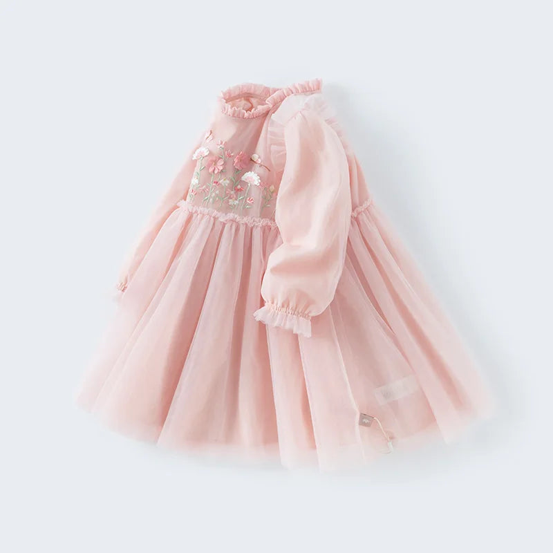 Dave Bella Princess Dress for Girls Baby Children 2025 Spring Long Sleeved Charm Mesh Embroidery Floral Gentle Cute DB1250434