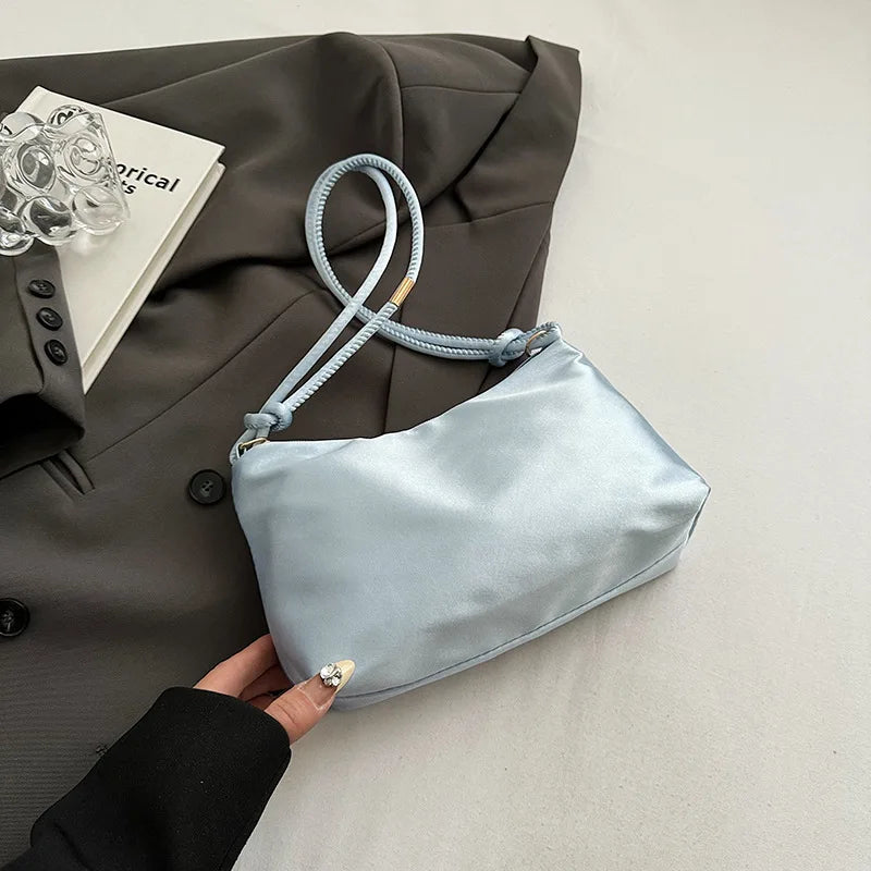High Quality Solid Color Fashion Elegant Shoulder Bag Smooth Cloth Satin Underarm Bag Leisure Shoulder Bag Lady Handbags Purse