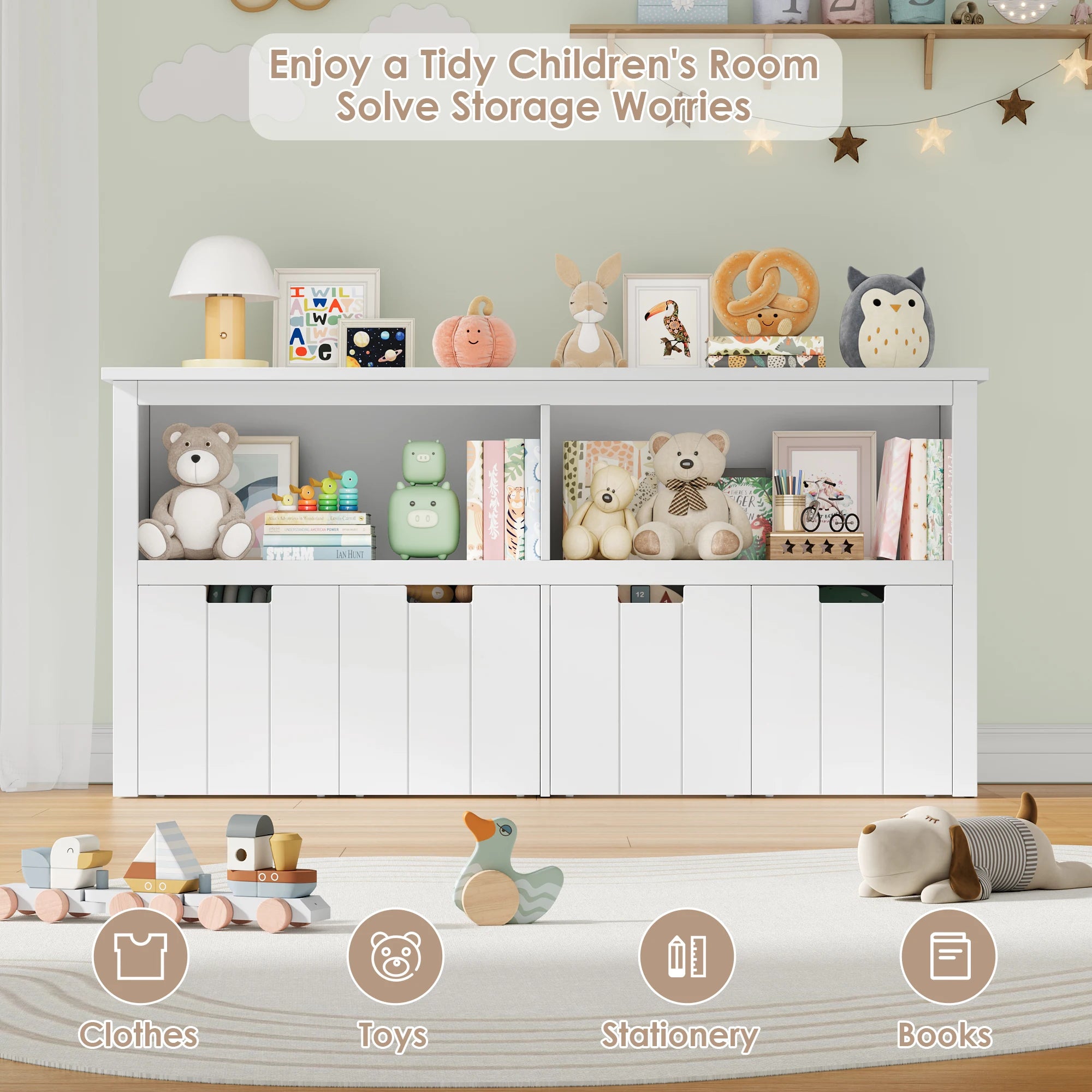 Getone Toy Storage Unit Children's Cabinet with 4 boxing on rolls Kid's room furniture Toys Storage Cabinet 120x33x61.5 cm White