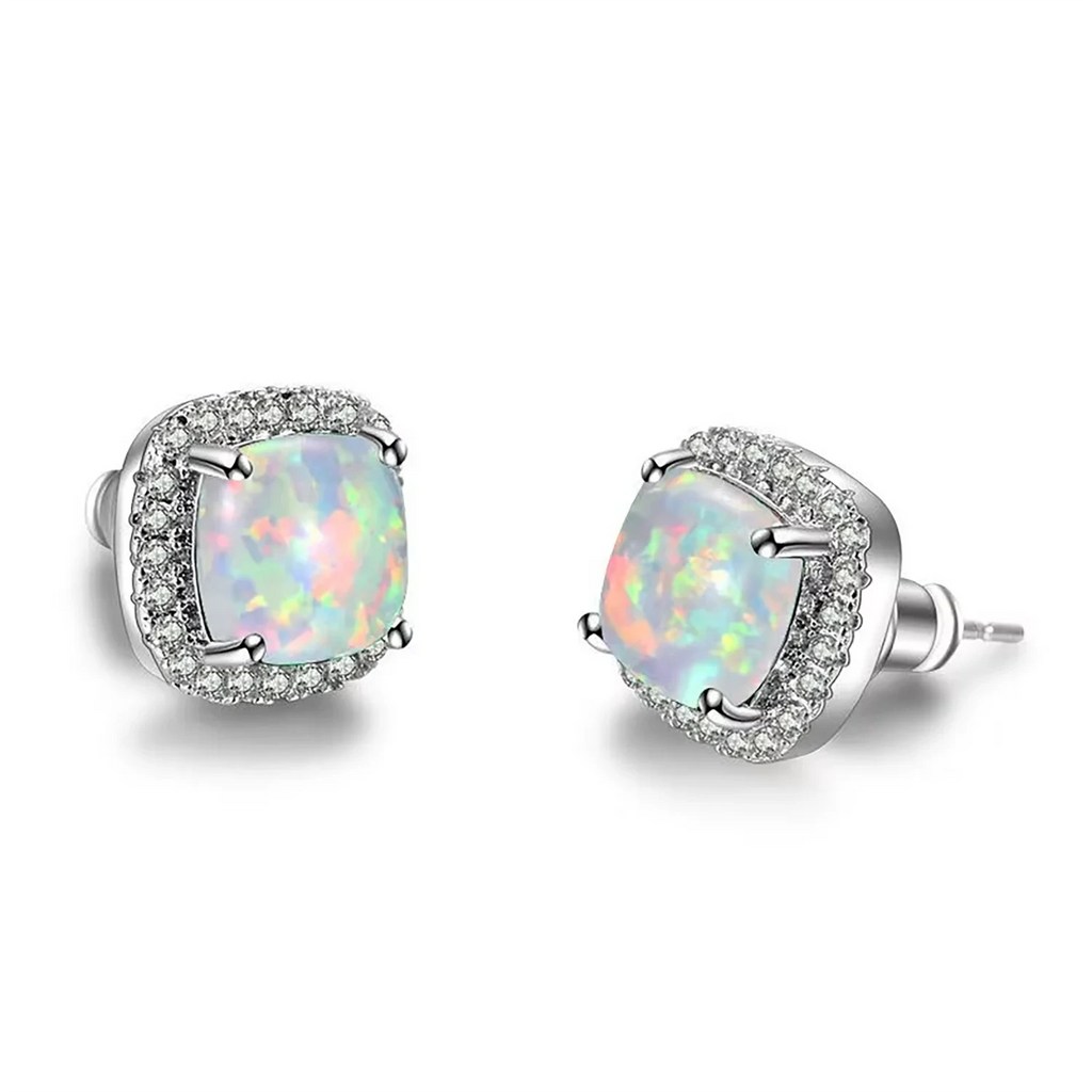 Multi-Color Available Opal Stone & Zirconia Earrings,Elegant Square Opal Studs,Silver Color Daily Luxury Jewelry,Gift for Women