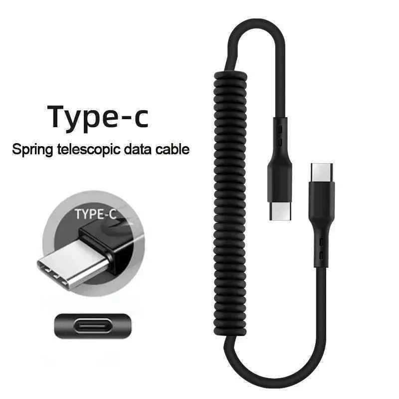 66W & LIGHTNING PD Fast Charging Type C to Type C Spring Telescopic Cable For iPhone 15 14 Samsung Xiaomi OnePlusCar USB Type C