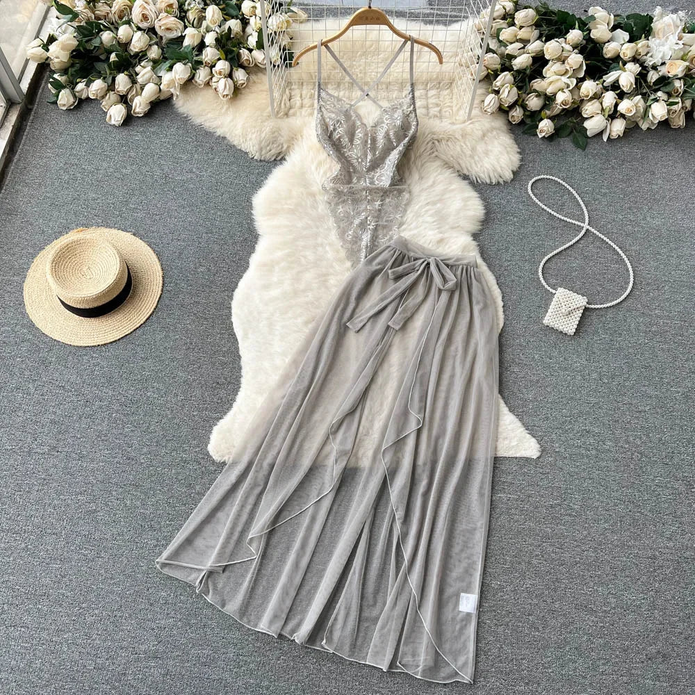 Summer Girls Sexy Hot Sweet Transparent Suspender Mini Dress Women Elastic Waist And Backless Strap Lolita Pajamas Bubble Skirt