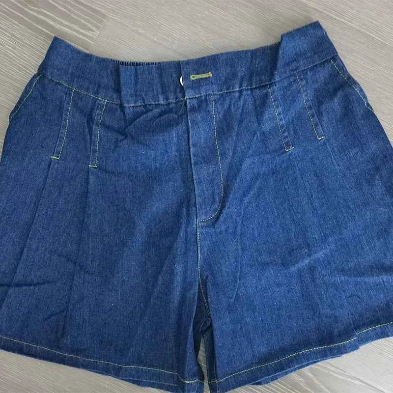 DFRCAEG 2024 Summer Plus Size Denim Shorts For Women High Elastic Waist Blue Or Sky Blue Pleated Mini Large Size Short Femme