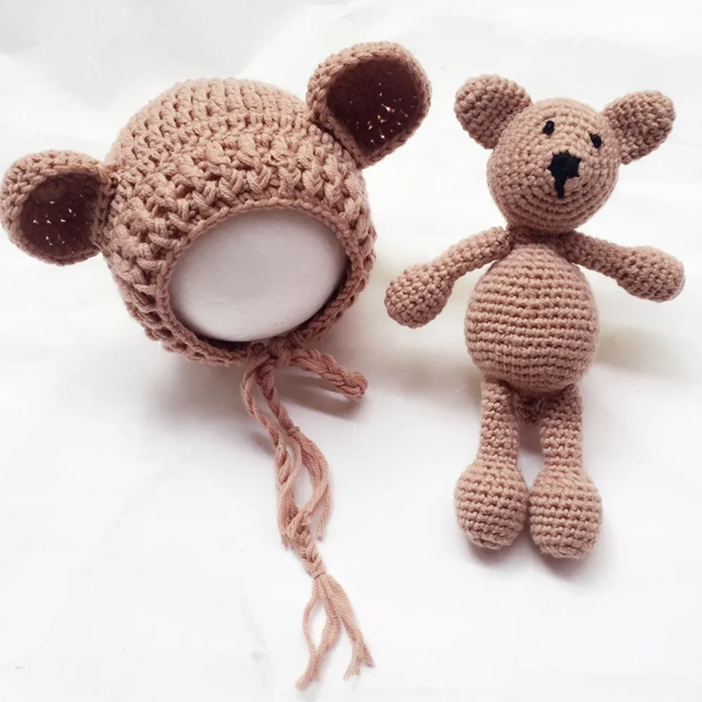 Newborn Photography Props Baby Bear Caps Rabbit Dolls Girls Boy Infant Baby Crochet Knitted Hat Photoshoot Accessories