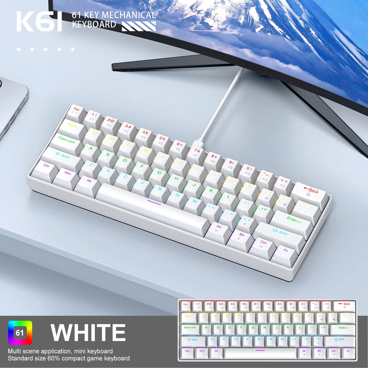 K61-Whtie Color 60% Mechanical Gaming Keyboard 61 Keys RGB Backlit