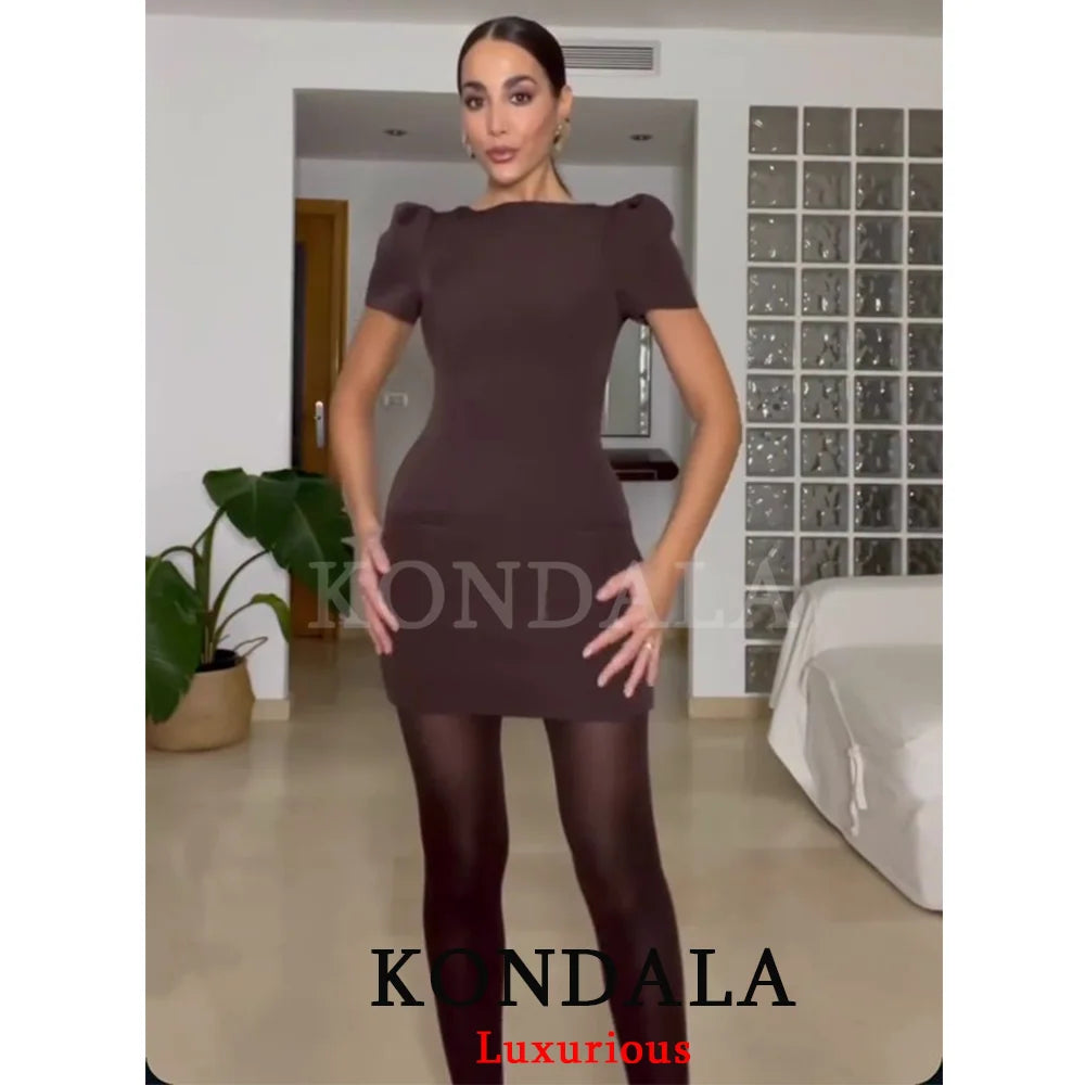 KONDALA Sexy Chic Black Party Dress Short Sleeve Pad Shoulder Mini Dress Fashion 2026 Spring Evening Club Elegant Women Dress