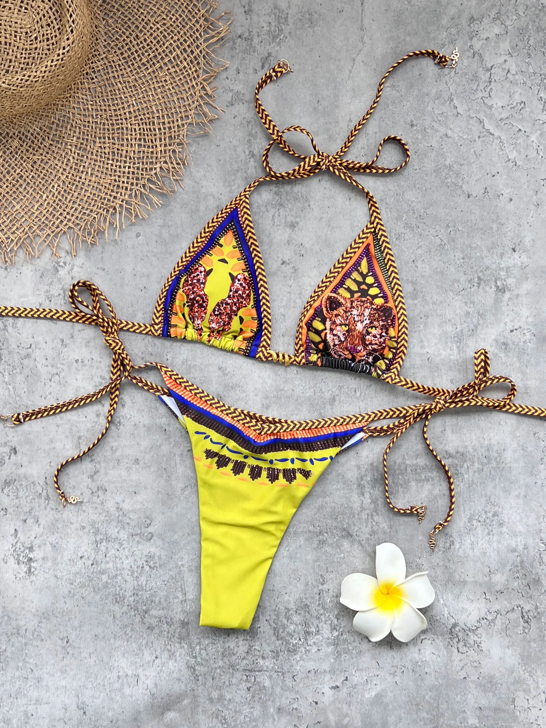 Retro Printed Color-block Bikini Women's Swimwear Fashion Lady Low Waist Biquini Swimsuit Sexy Mujer Bathing Suit Female Beachwe