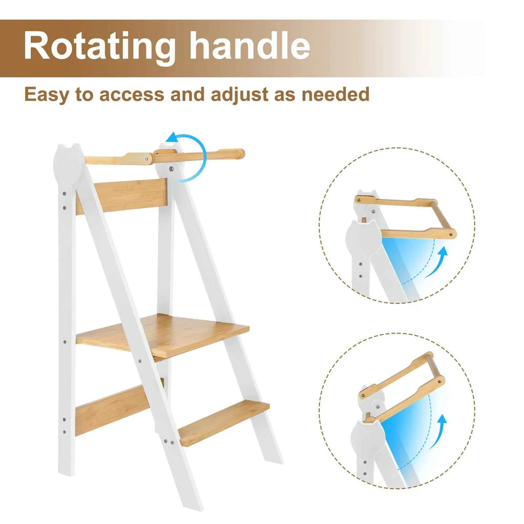 Foldable Montessori Tower, height adjustable on 3 levels, easy to assemble, Montessori bamboo observation tower, black/white