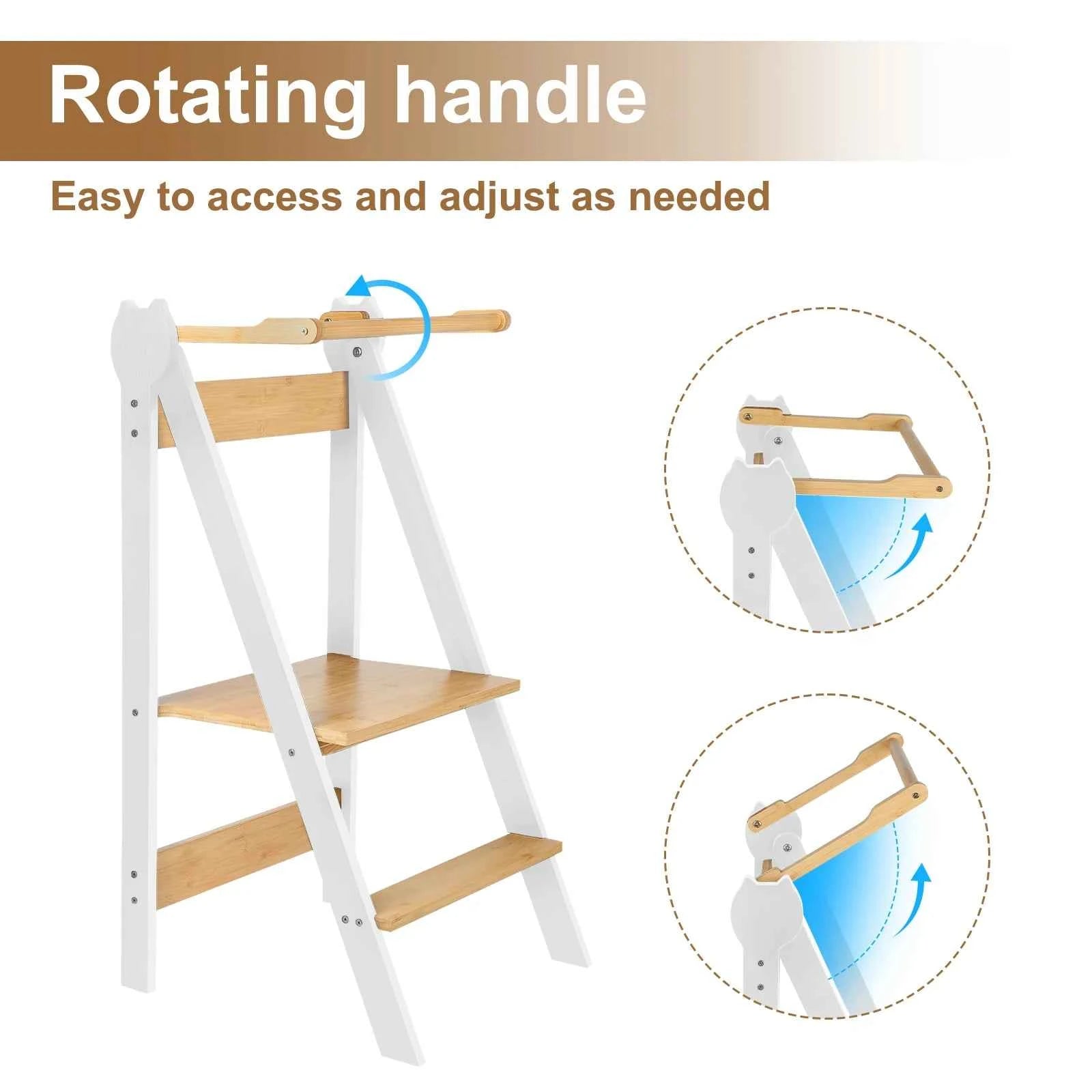 Foldable Montessori Tower, height adjustable on 3 levels, easy to assemble, Montessori bamboo observation tower, black/white