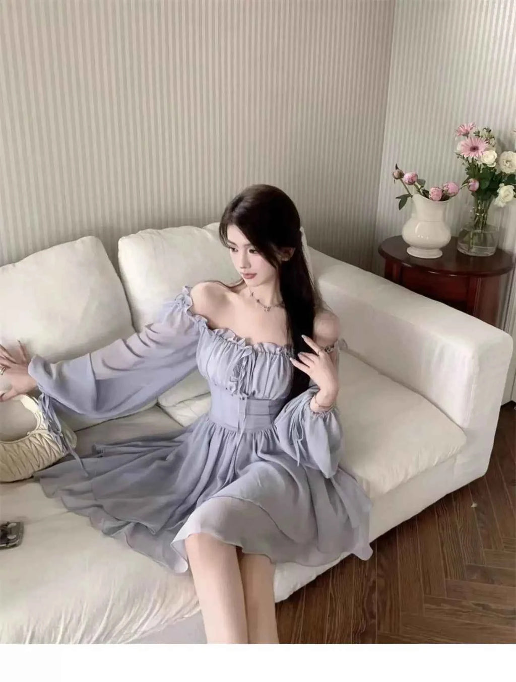 Dresses Women Solid Retro Long Sleeve Slash Neck Autumn Gentle Korean Style Streetwear All-match Lovely Comfortable Stylish Chic