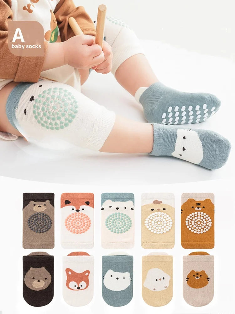 Kids Baby Anti-slip Cartoon Knee Pads Socks Sets Thin Cotton Mesh Crawling Knit Knee Pads Infant Toddler Floor Socks For 0-3 Yrs