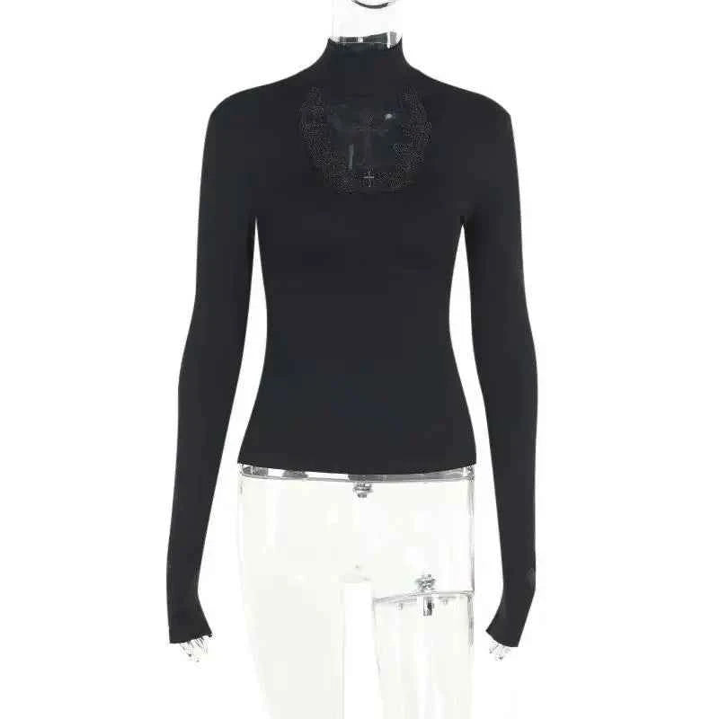 Turtleneck Top Y2k Clothes Black Gothic Cross Hollow Slimming Bottom T Shirt for Women Long Sleeve Sexy T-shirt Girls Tops