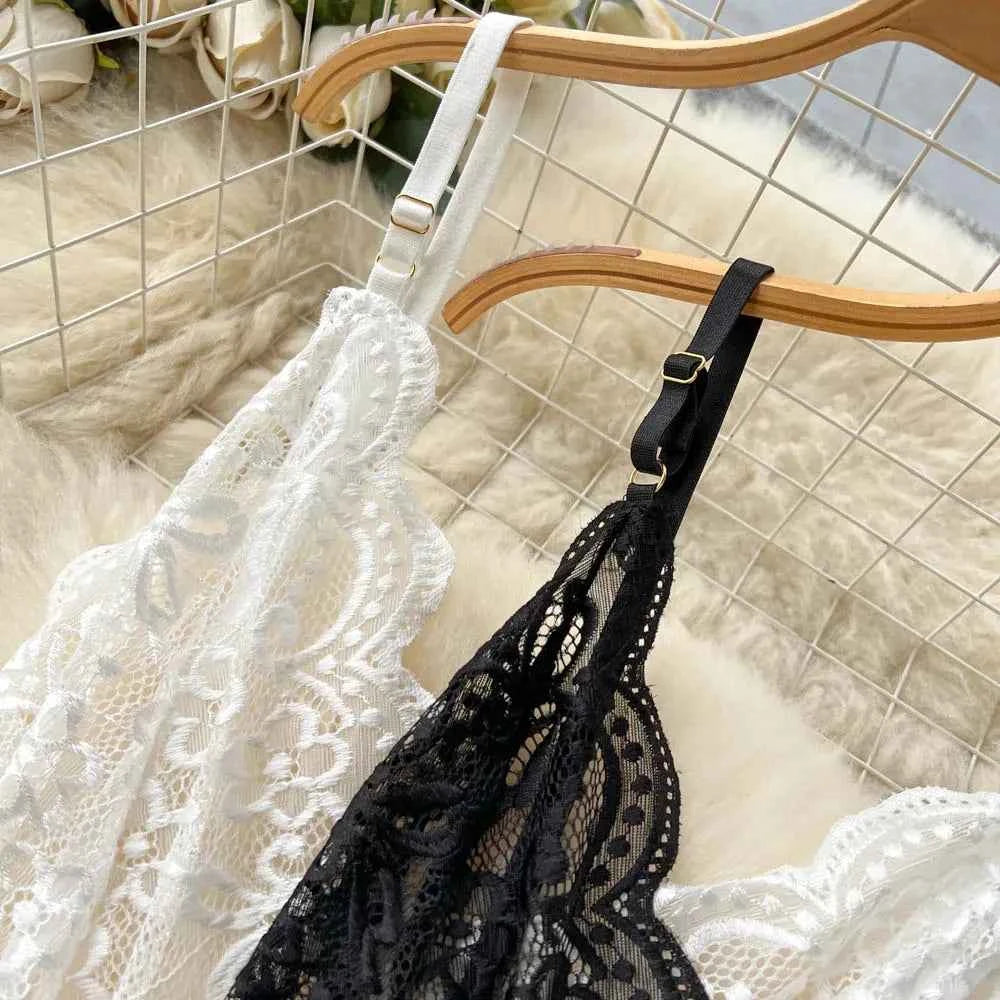 Women's V-neck Sexy Elegant Lace Camisole Jumpsuit Hollowed Transparent Tight Fitting Pajama Adjustable Shoulder Straps Hotsweet