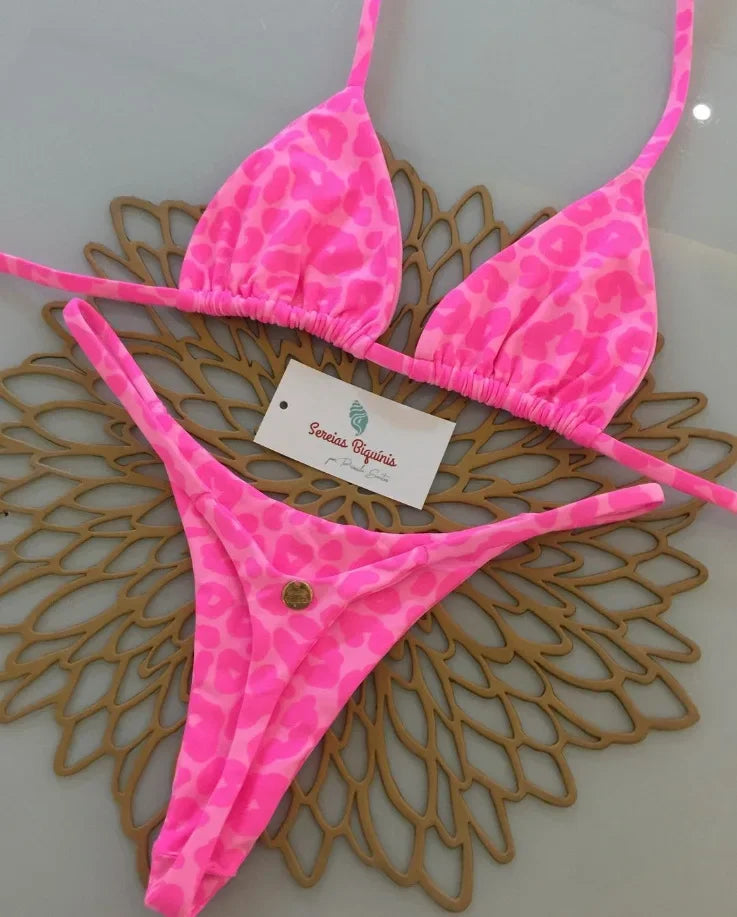Print Sexy Bikini Sets Halter Lace-up Tops Thongs Beach Style Bathing Suit Y2k Swimsuits Women Beachwear Купальник Женский