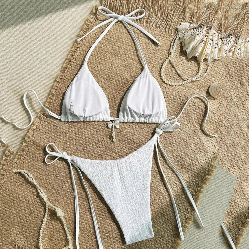 Yellow Halter String Triangle Micro Bikini Thong Solid Swimwears Bow Pearl Sexy Swimsuit Women Bathing Suit Bikinis Sets 2026