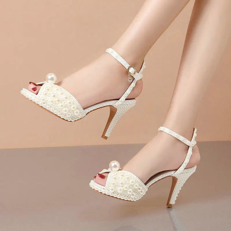 2025 Autumn New Fish Mouth High Heels Waterproof Platform Shallow Mouth 8.5cm Pearl Women'S Single Shoes Bride Wedding Shoes