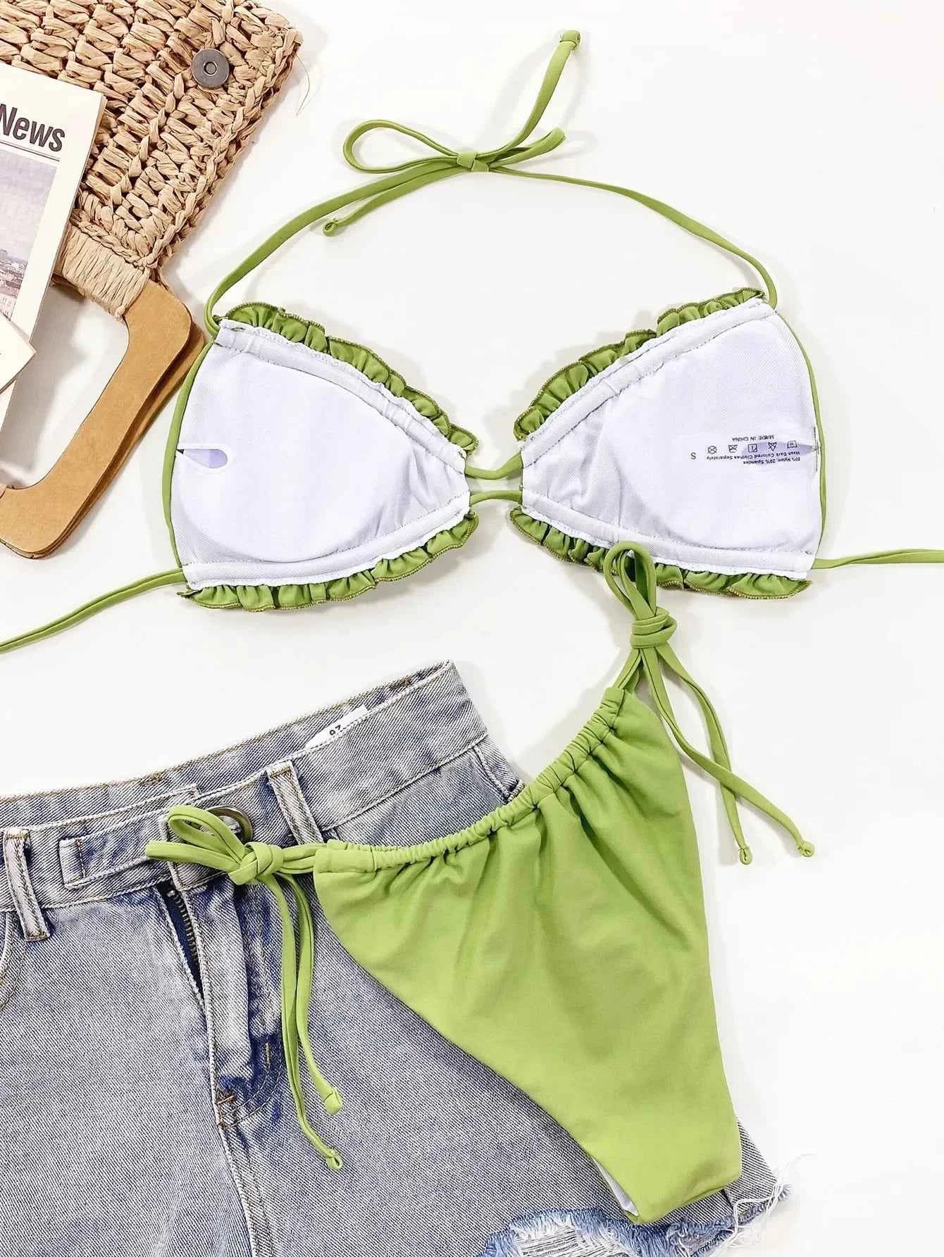 Women's 2 Pieces Swimsuit Sexy Halter Backless Swimwear Ruffle Trim Bikini Set High Waist Push Up Thong Bathing Suit Beachwear