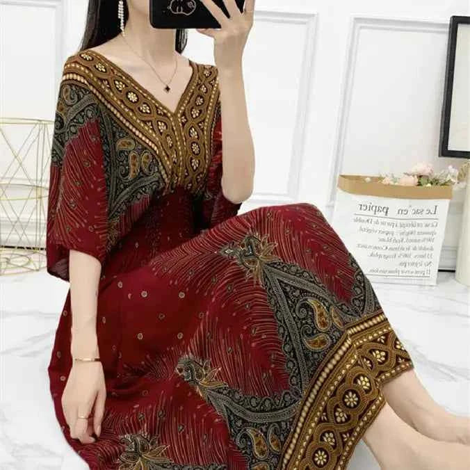 Colorful Flower V-neck Elastic Youthful Bohemian Sweet Midi Dress Woman Clothes Chic Fashion Summer Dresses 2025 Large Swing Ski