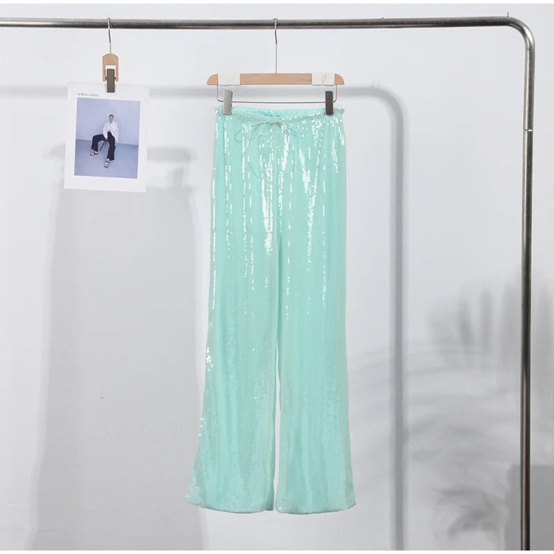 Loose Solid Color Sequin Pants Woman Cinched Waist Glitter Straight Baggy Long Pants Casual Street Chic Sparkle Women's Trousers