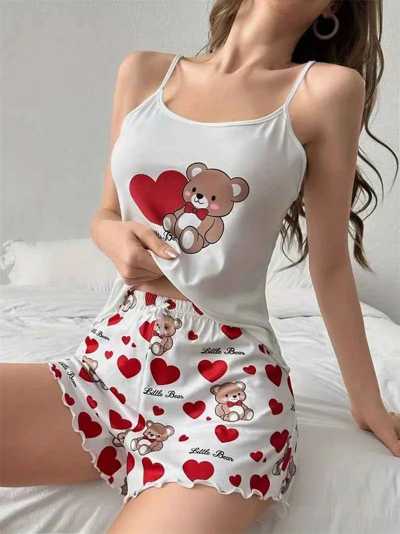 S M L XL Cute  Bear Love Peach Heart Printed Pajamas Set for Women's Loungewear Tops With Shorts Sleepwear Home Wear Clothes