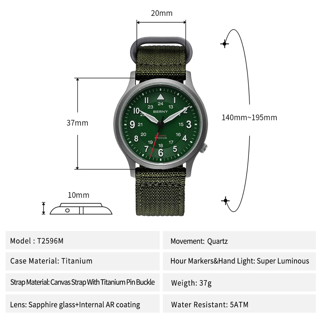 BERNY Titanium Watches for Men Super Luminous Sapphire Field Men's Watch Outdoor Quartz Wristwatch Lightweight 5ATM
