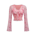 Women's T-Shirt Floral Printed Sweet V-Neck Mesh Summer Vacation Swimsuit Top Flare Long Sleeve Bow Tie Lace Up Woman Clothing