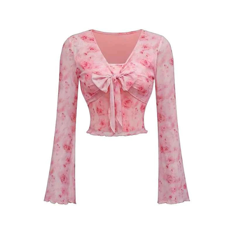 Women's T-Shirt Floral Printed Sweet V-Neck Mesh Summer Vacation Swimsuit Top Flare Long Sleeve Bow Tie Lace Up Woman Clothing