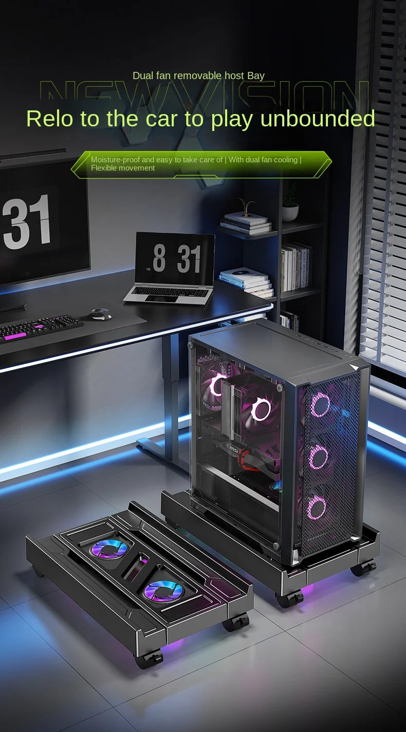 Mobile PC Tower Stand Adjustable Computer CPU Holder Telescopic Desktop Stand CPU Cart with RGB Cooling Fan Heat Dissipation