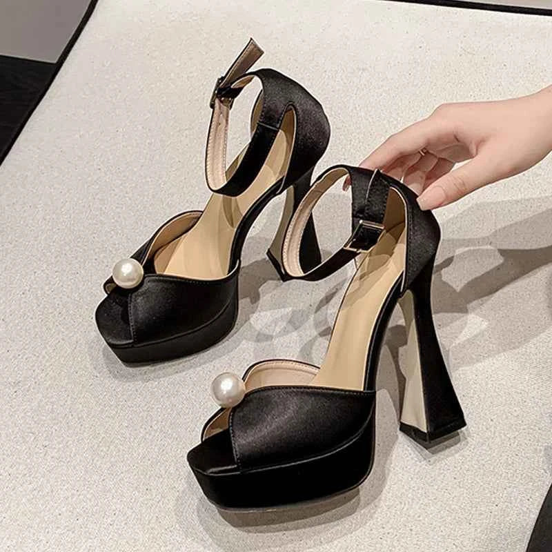 Liyke Brand Fashion White Black Chunky Platform Sandals Women Pearl Design Square Toe Super High Heels Elegant Party Prom Shoes