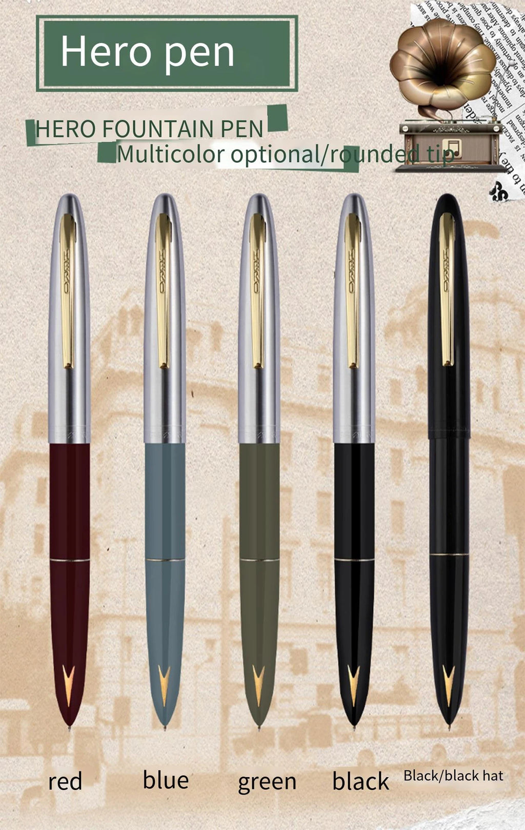 Hero 616S Classic Retro Fountain Pen Dark Tip 0.5mm Iridium Gold Nib Business Office Gift Student School Stationery Supplies