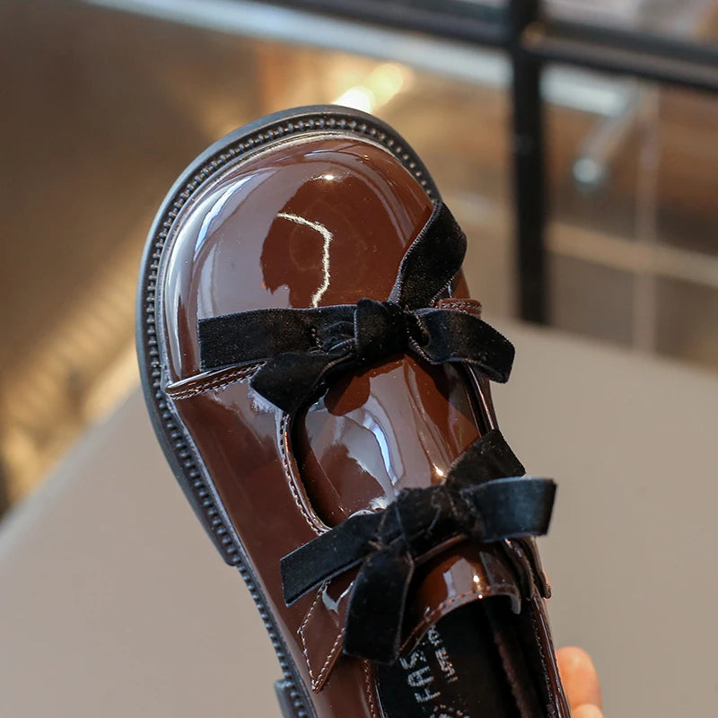 Chic Girls Black Mary Jane Shoes with Double Bowknot Spring Autumn Kids Princess Leather Shoe Fashion Causal Children Flat Shoes