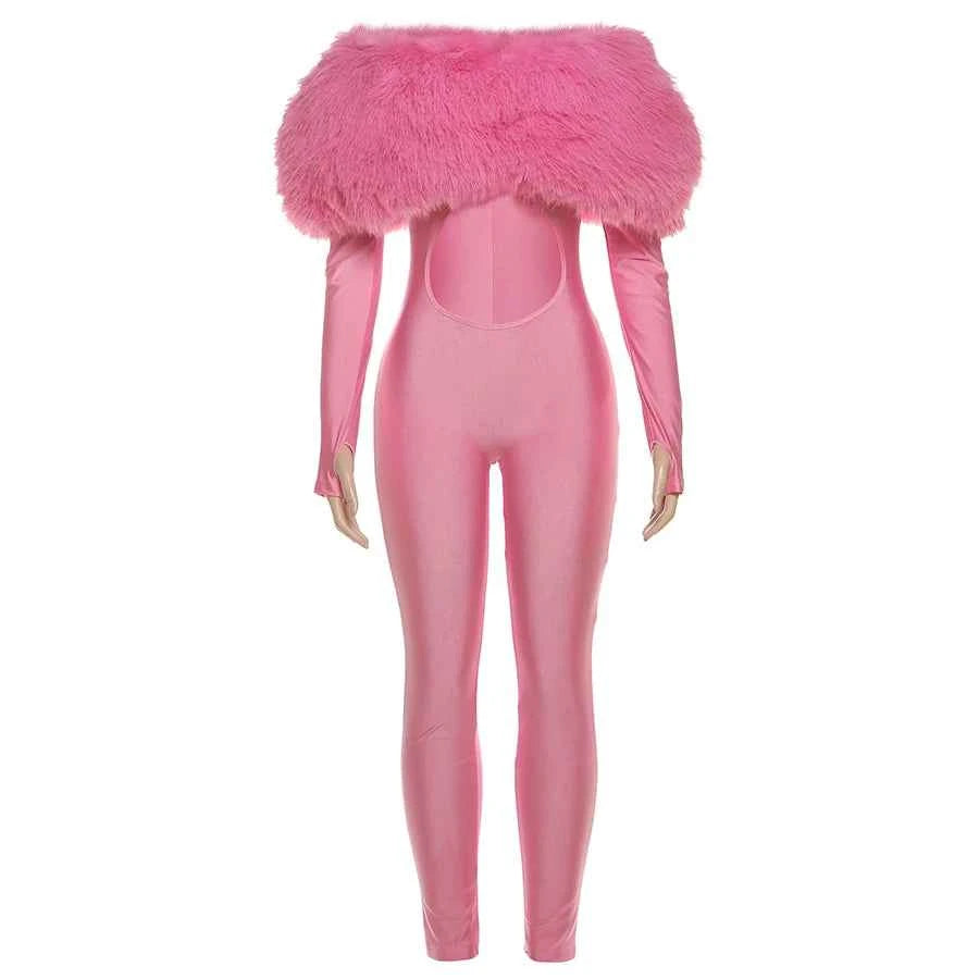 Weird Puss Furry Slash Neck Jumpsuits Woman Luxury Hipster Patchwork Trend Sexy Hollow Stretch Fitness Club Activity Overalls