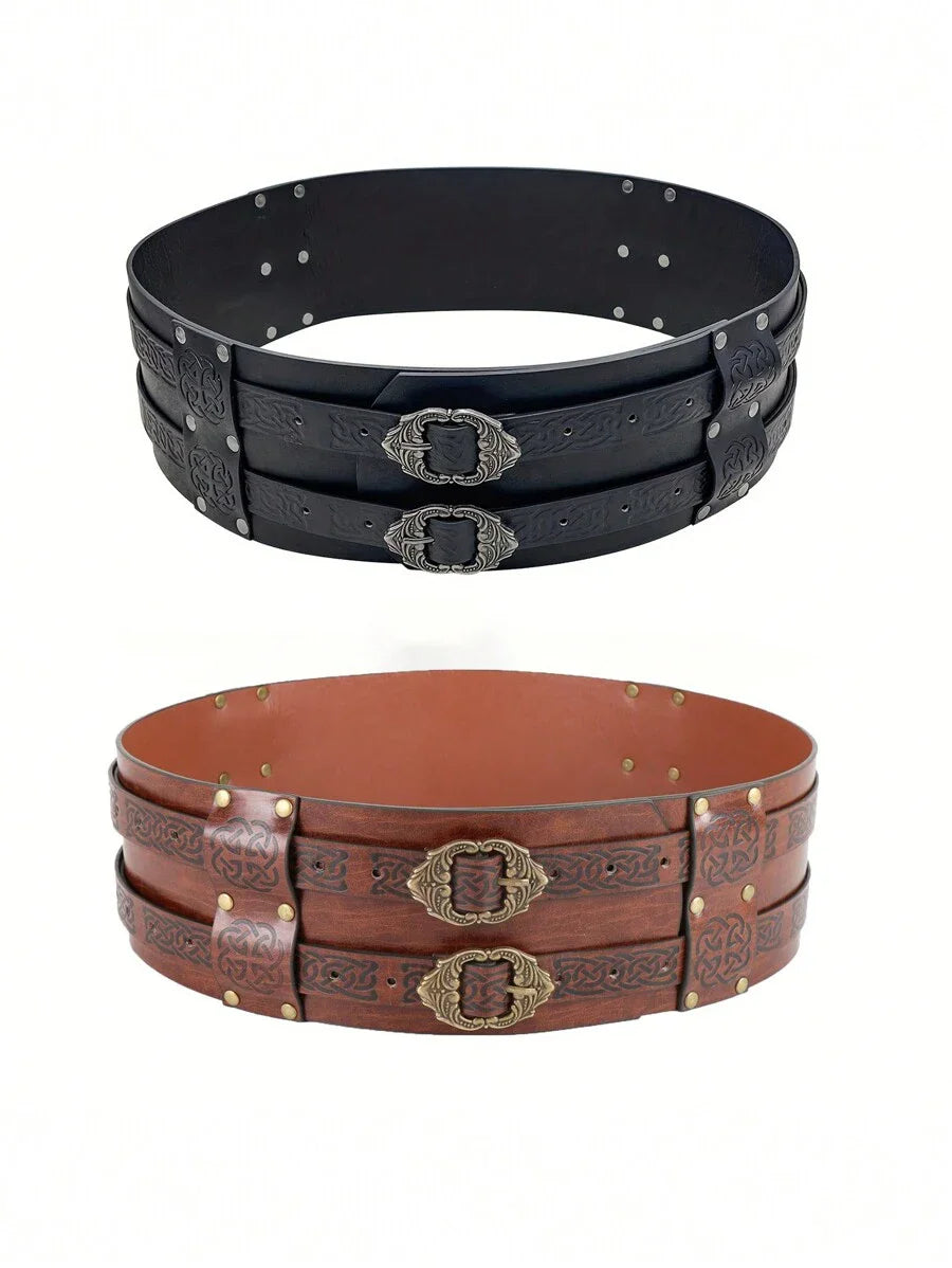 Renaissance Viking Embossed Wide Belt Medieval Faux Leather Armor Belt Medieval Wide Belt for Men PU Leather Costume Accessory