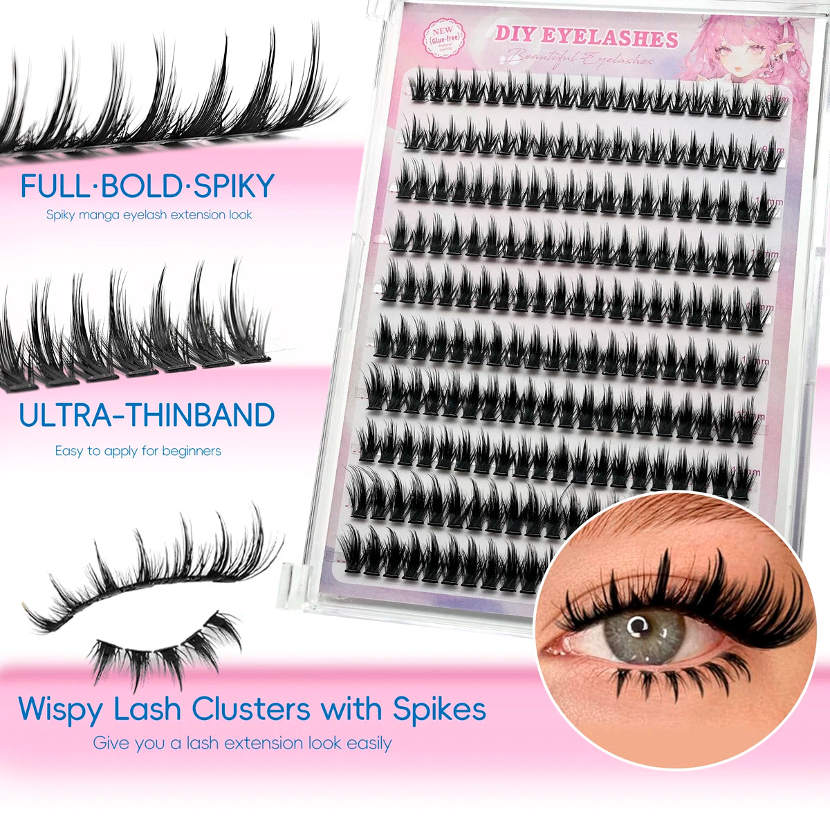 10 rows of 200 clusters of self-adhesive false eyelashes, makeup eyelashes, extending soft eyelashes, 9-13mm（MIX)