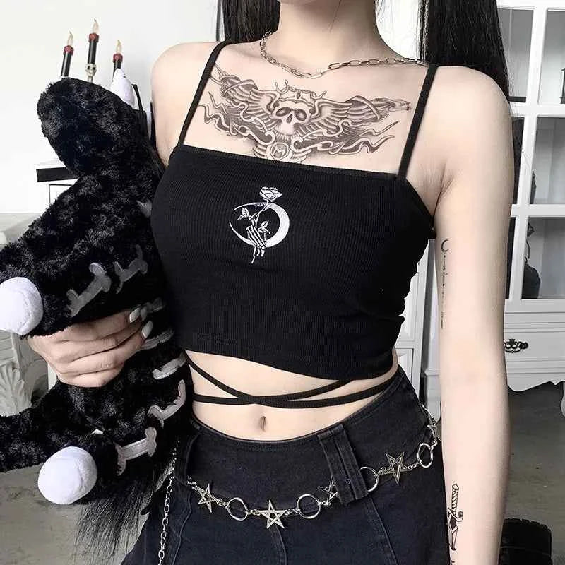 Gothic Women's Print Suspender Sleeveless Square Neck Slim Crop Top Sexy Halter Bottoming Shirt 2022 Girls Party Wear