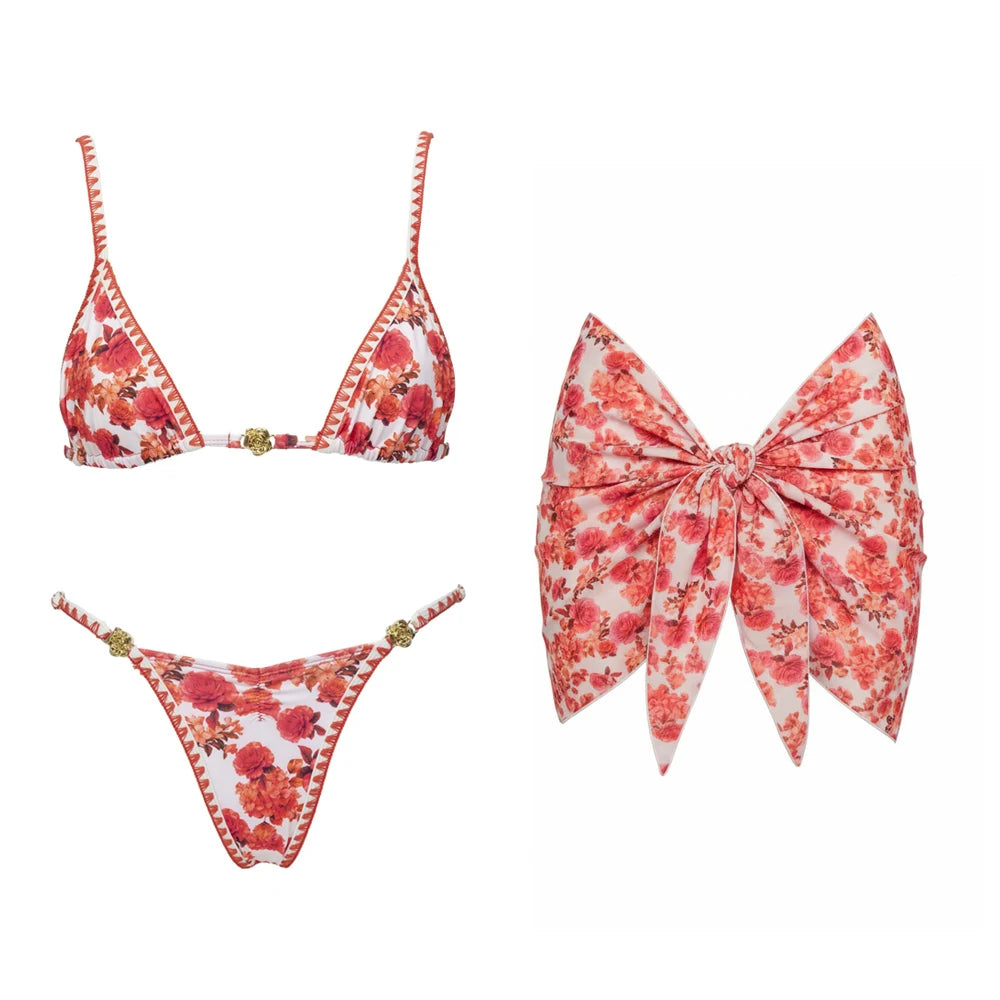 Print Bikini Swimsuit and Cover Up Bikini Set Women Sexy Lace Swimwear High Leg  Bathing Suit Beachwear Biquini