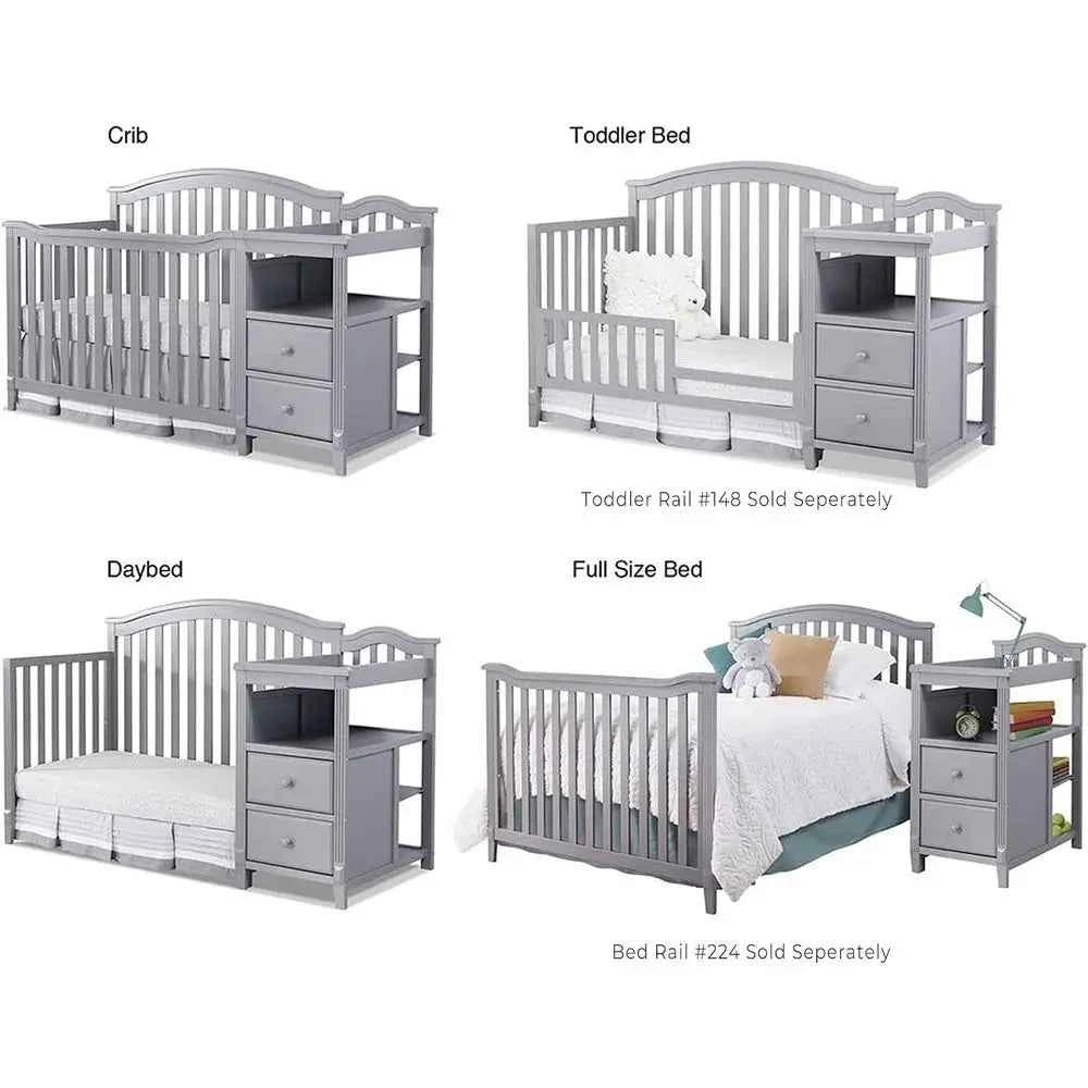 Convertible Crib with Slat Back, Diaper Changer, Wooden Toddler Bed, Gray Full-Size Nursery