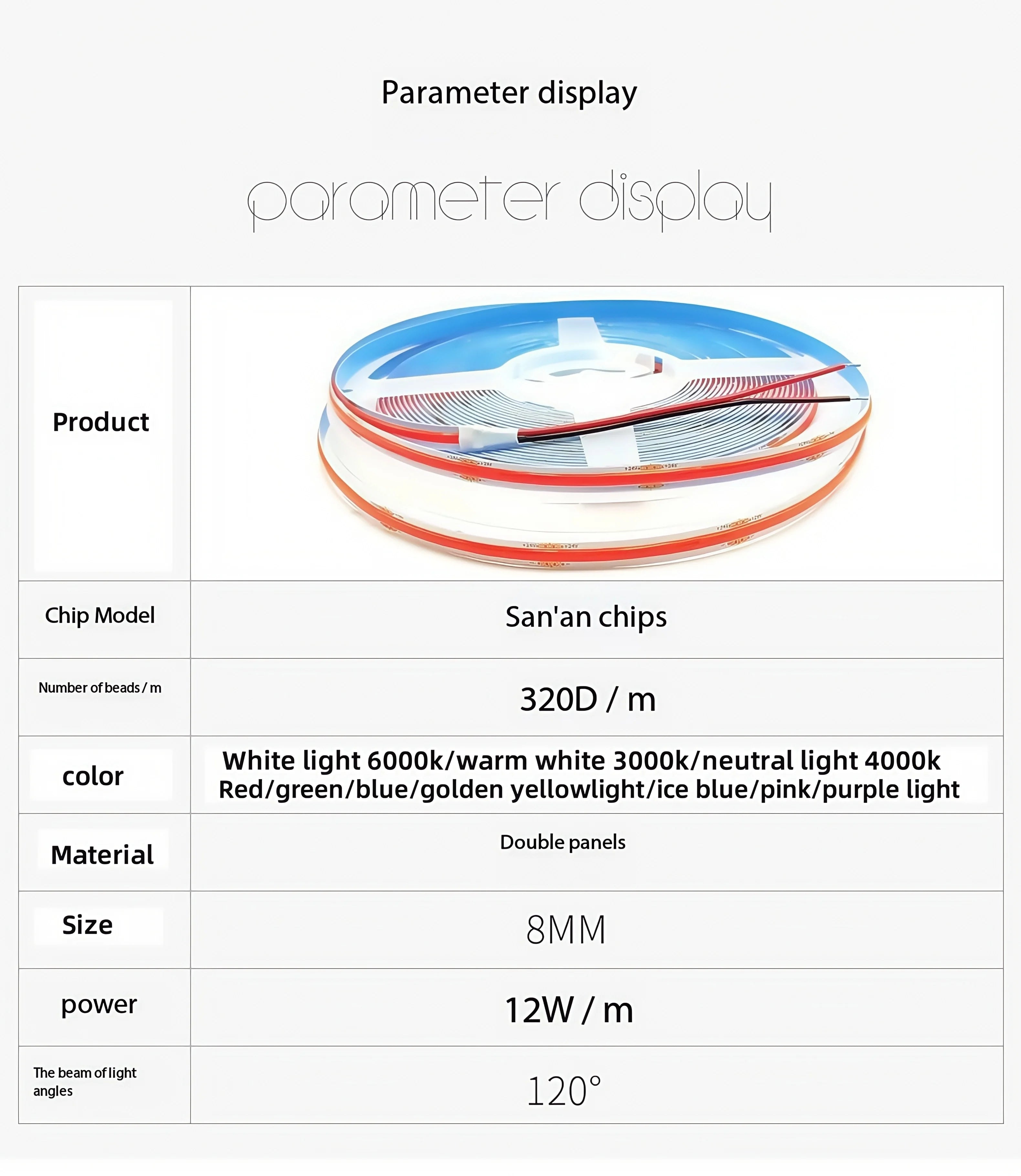 DC 12V 24V FOB COB Strip 320Leds/M High Density RA90 White 3000K 4000K 6000K IP20 Flexible Ribbon Rope LED Light
