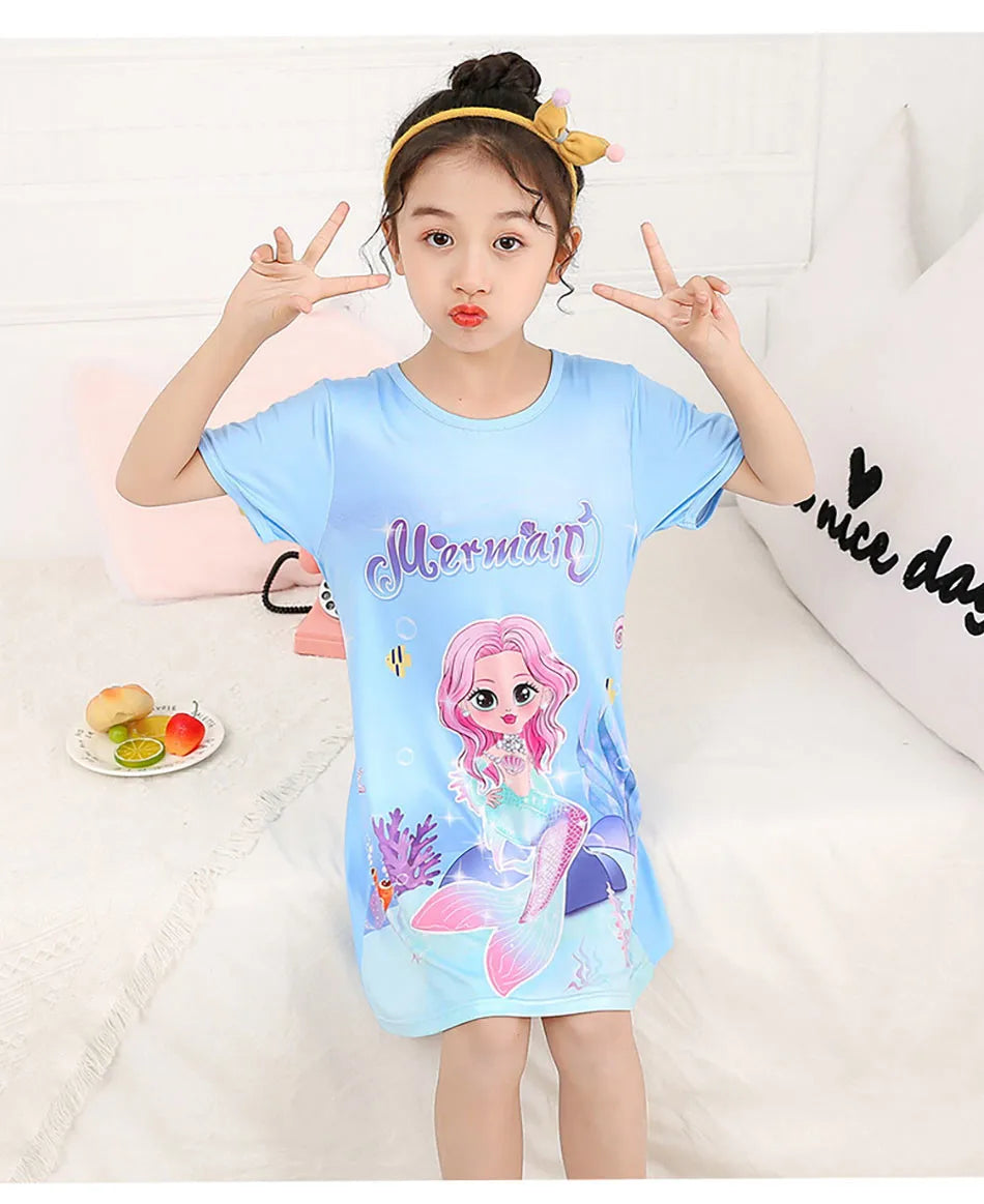 Girl Mermaid Dress Children Short Sleeve Summer Princess Dress Breathable Cartoon Print Girls Soft Silk Nightgown Kids Sleepwear
