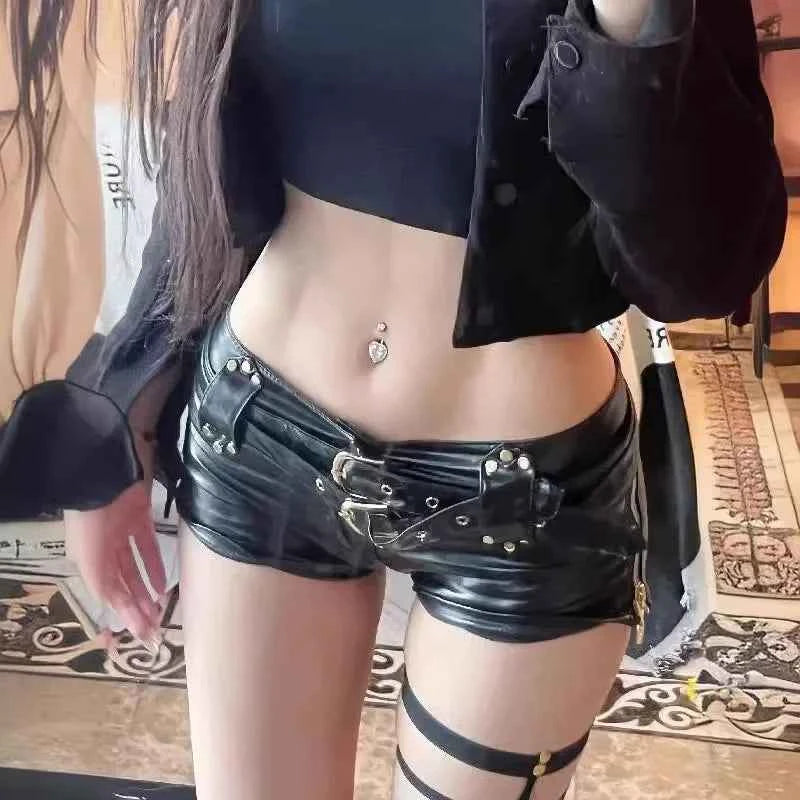 Vintage Nightclub Sexy Low Waist Pu Leather Belt Ultra Shorts Boots Women's Fashionable Versatile Female Dressing Shorts