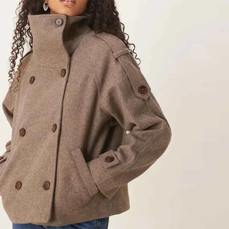 Elegant Women's Short Woolen Coats Stand Collar Double Breasted Long Sleeve Female Jacket 2025 Autumn Winter Lady Warm Outwear