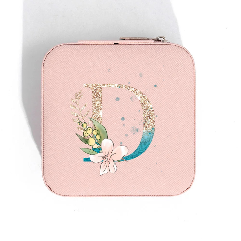 A-Z Alphabet Print Pink Travel Jewelry Organizer with Zipper Closure and Fabric Lining