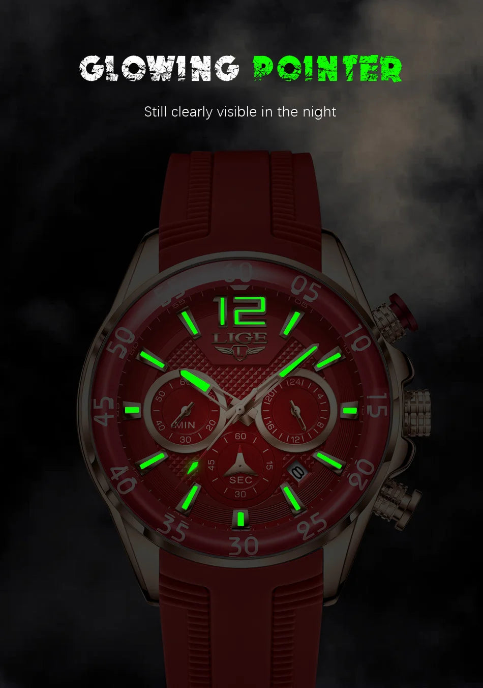 LIGE New Fashion Mens Watches Top Brand Luxury Quartz Wrist Watch Man Sport Red Silicone Watch for Men Reloj Hombre Chronograph