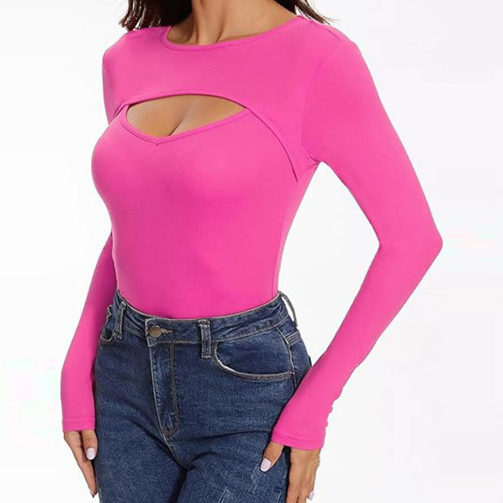 Spring Autumn Women's Long Sleeve T-Shirt Fashion Casual Front Hollow Slim Sexy Top Female Slim Bottoming Shirt Pullover