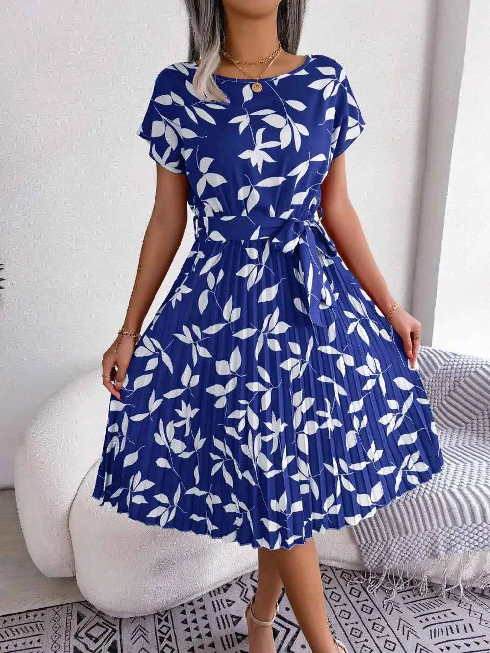 Ficusrong Fashion Floral Pleated A Line Long Dress Women Spring Summer Short Sleeve High Waist Chic Dress