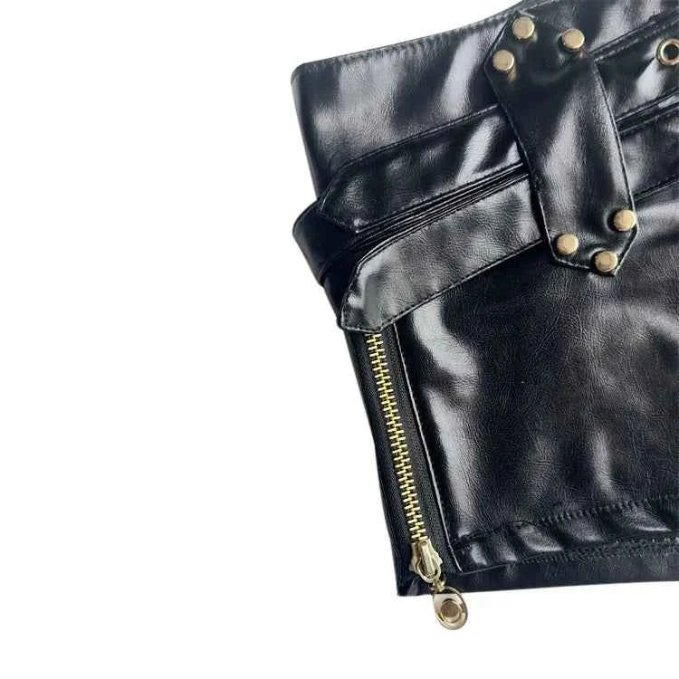 Vintage Nightclub Sexy Low Waist Pu Leather Belt Ultra Shorts Boots Women's Fashionable Versatile Female Dressing Shorts