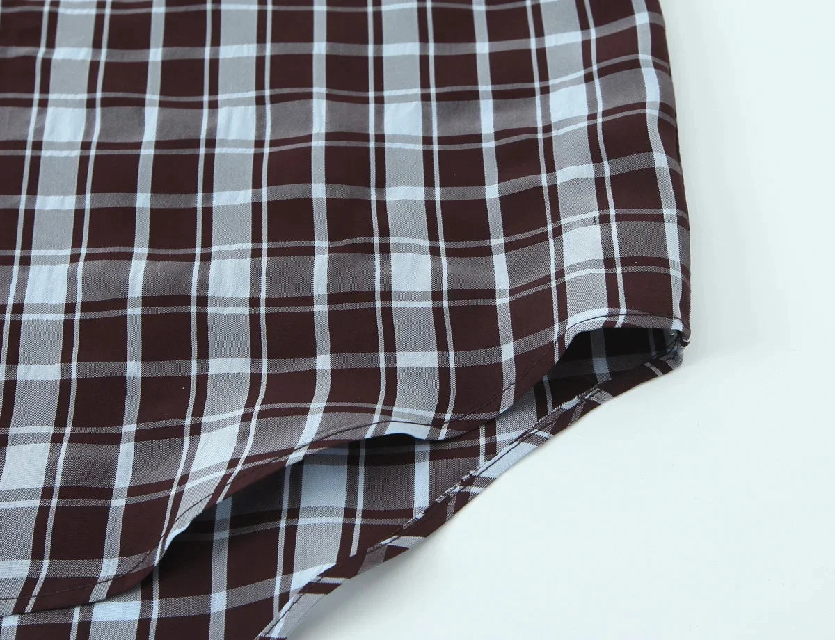 KONDALA Streetwear Casual Chic Women Blouse Plaid Stand Collar Single Breasted Blouse Fashion 2026 Spring Summer Holiday Blouse