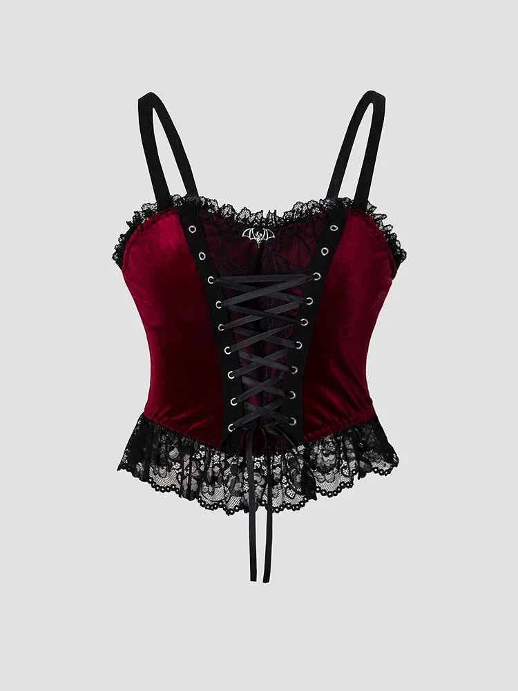 Women Elegant Retro T-shirt Y2K Gothic Style Lace Backless Top Woman Wine Red Sling Tank Waistcoat Sexy Slim Fit Crop Tops